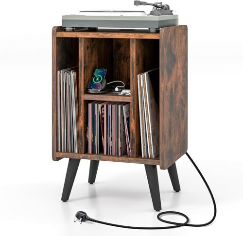 COSTWAY Record Player Stand with Charging Station, Turntable Stand End Sofa Side Table with 4 Open Shelves, Wooden Albums Vinyl Record Storage Cabinet Holder for Living Room Bedroom (Rustic Brown)