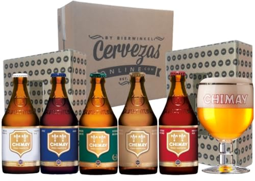 Pack combo degustación regalo estuche cervezas Belgas Trapense Chimay 5 cervezas 33cl + 1 vaso