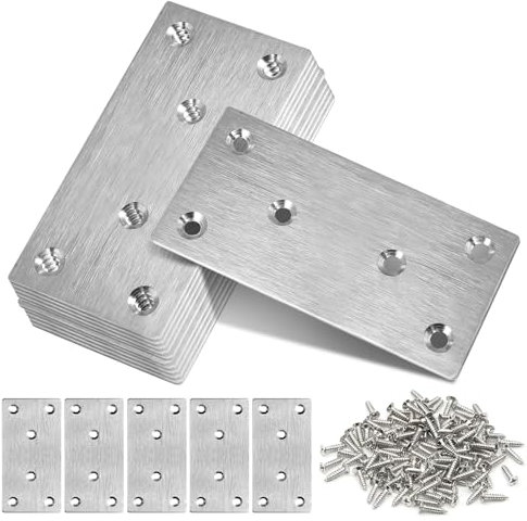 TOPBELIEF 10 Stück Flachverbinder Edelstahl,Holzverbinder Metall,Flacheisen Gelocht,Flachwinkel für Verbinder,80×40×1.75mm Edelstahl Verbinder Lochplatte Holz Enthält 60 Schrauben