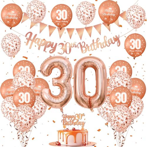 Decorazioni Compleanno 30 Anni Set, Palloncini 30 Anni Compleanno con Palloncini Oro Rosa, Palloncino Numero 30, Striscione Buon Compleanno, Topper Torta Compleanno, per Addobbi Compleanno Bambina