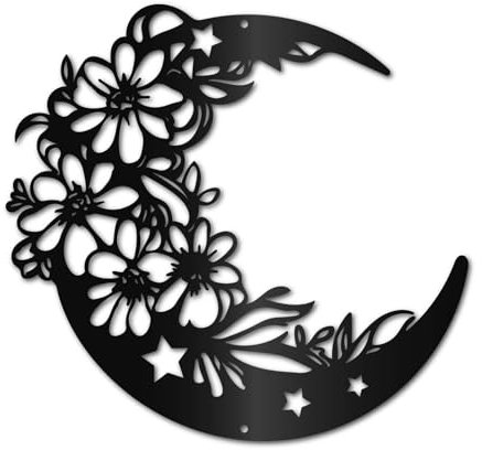 CREATCABIN Moon Floral Metal Hanging Round Art Wall Ornament Wall Mounted Sculpture for Living Room Bedroom Office Garden Farmhouse Beach Theme Home Decoration Housewarming Gift 11.8x8.7in