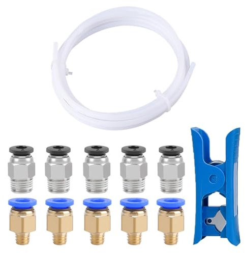QitinDasen 3 Meter 3D Drucker PTFE Teflonschlauch mit Schlauchschneider, 5 Stück PC4-M6 Pneumatik Verbinder und 5 Stück PC4-M10 Pneumatik Verbinder