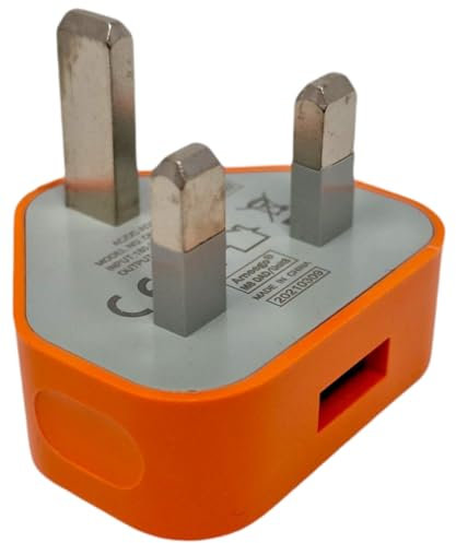Electoys Single USB Plug UK - 5V 1A Fast Charger - Compatible with iPhone, Samsung, Redmi, Huawei, HTC, LG - Orange 3 Pin Plug
