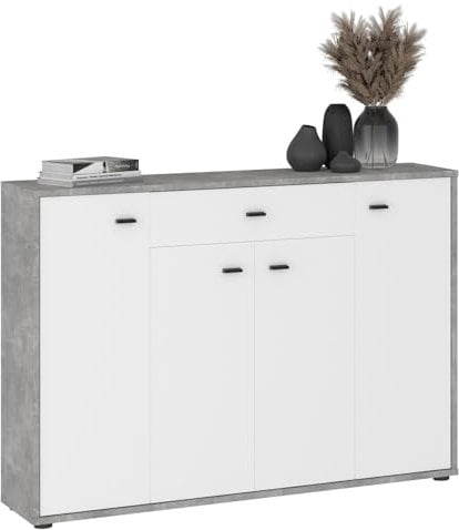 IDIMEX Kommode MILAS betonoptik/weiß - weiße Flurkommode mit Schublade und 4 Türen, Kommode mit schwarzen Griffen, Stauraum für schmale Räume 30 cm Tiefe
