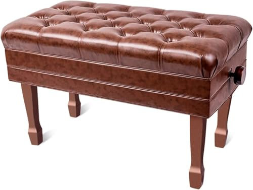 Deluxe Klavierbank aus PU-Leder mit großer Aufbewahrungsbox, verstellbarer Duett-Klavierhocker für Keyboard und Schminktisch, Teakholz-Finish, 84 x 47 x 49, 59 cm