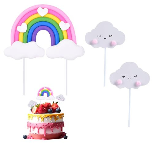 3 x Regenbogen-Kuchenaufsatz, weiche Keramik, Rosa, Geburtstags-Topper, niedlich, klein, Regenbogen-Kuchendekorationen, wiederverwendbar, Regenbogen-Thema, Kuchenzubehör für Mädchen, Jungen,