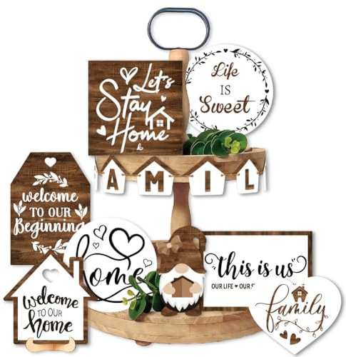 AHANDMAKER 14 Pieces Wooden Tiered Tray Stand Decor Welcome to Our Home Farmhouse Tabletop Signs Decorative Trays Table Top Decor for Home Farmhouse Rustic Kitchen Decorations