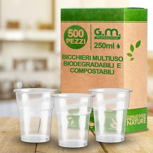 G.M. DISTRIBUZIONE 500 Bicchieri Kristal per Bevande da 250 ml, Biodegradabili e Compostabili, Rigidi e Resistenti, Usa e Getta, Ideale per Casa, Ufficio, Asporto Bevande Fredde