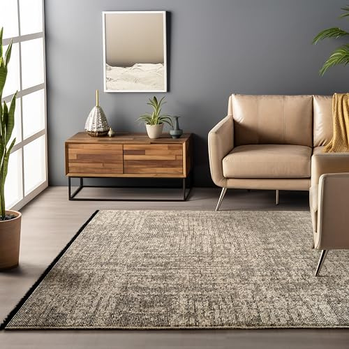 HomebyHome Baumwolle Teppich Beige 200x290 cm - Waschbar, Boho-Stil, Vintage Kelim, Kurzflor, rutschfest & Weich, Einfarbig Meliert, Für Wohnzimmer, Schlafzimmer, Büro & Küche