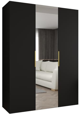 MEBLE KRYSPOL - Kleiderschrank mit Spiegel - Drehtürenschrank - Schrank 150x202x52cm - Garderobenschrank Schlafzimmer, Flur, Jugendzimmer - Farbe Schwarz, Griff Gold - Marbella 2 150