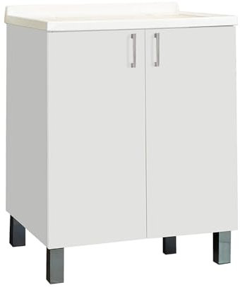 Liberoshopping Mobile lavatoio 60x60 bianco con vasca in metacrilato e fondo in alluminio – 2 ante con asse lavapanni in legno – scarico incluso – per bagno o lavanderia – già montato