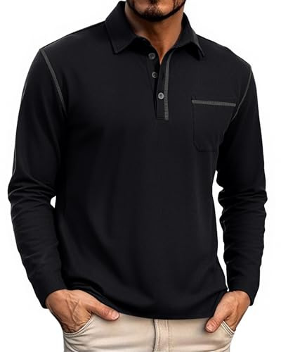 HMIYA Herren Poloshirt Langarm Männer Knopfkragen Baumwolle Polo Hemd Basic Polohemd PulloverGolf Casual T-Shirt