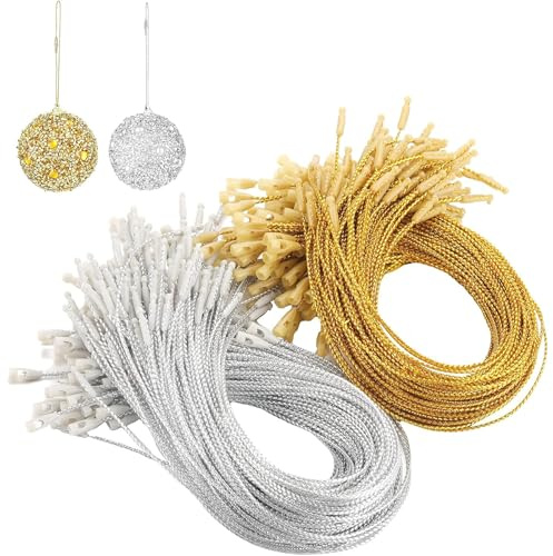 Flankor 200 Pcs Christmas Ornament Hangers String PreCut Gold Silver Ornament Hook for Christmas Trees, Safe Ornaments Ribbon Hangers with Snap Fastener for Xmas Holiday Party Hanging Decorations