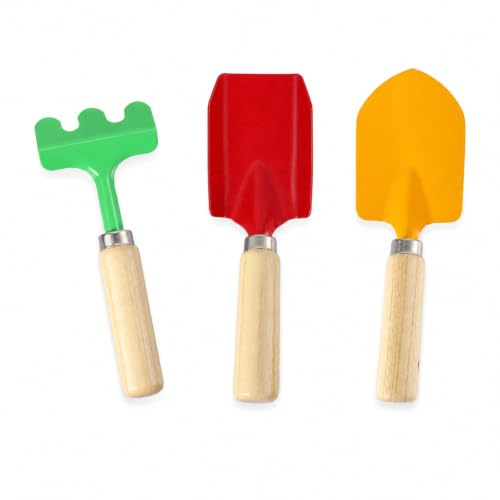 GOOGO 3-teiliges Kinder-Gartenwerkzeug-Set, Mini-Gartengeräte mit stabilen Holzgriffen, Metallschaufel, Rechen und Spaten, Sandkasten-Grabwerkzeuge für Kindergeschenke, für Gartenerde Umpflanzen