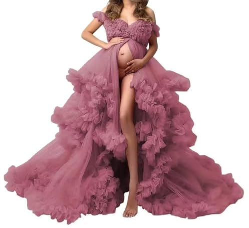 Tüll-Robe Umstandskleider für Fotoshooting Lange Hochzeits-Brautkleider für Schwangere Kleid in Übergröße, Desert Rose, 42