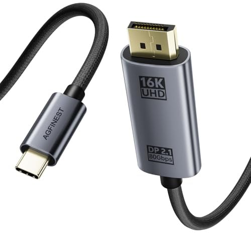 AGFINEST Câble USB-C vers DisplayPort 2.1 1,5m, 4K@240Hz 8K@120Hz 16K@60Hz, 80 Gbps UHBR20 VRR HDR Compatible Thunderbolt 5/4 avec MacBook Pro Mac mini RTX 5090 Moniteur Gaming OLED Tressé Nylon