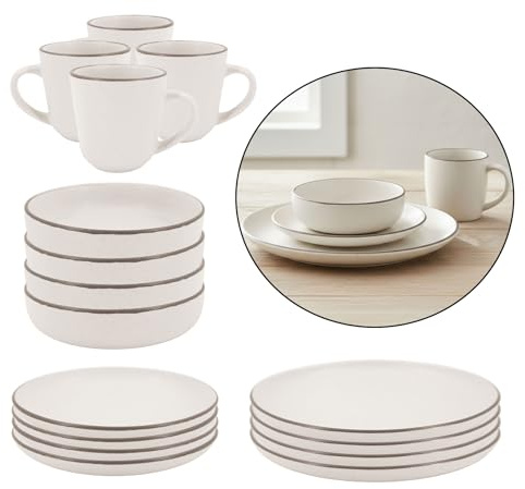 levandeo 16tlg. Geschirrset 4 Personen Steingut Creme Weiß Kombi-Tafelservice Schüssel Teller Mikrowellenfest Spülmaschinenfest Kombiservice Modern Design