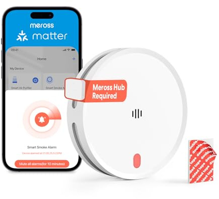 Meross Rilevatore di fumo WiFi connesso con avviso APP, Hub richiesto | Allarme antincendio con doppio sensore ottico, rete anti-insetti 0,8 mm, Certificato secondo la norma EN 14604, 33 mm