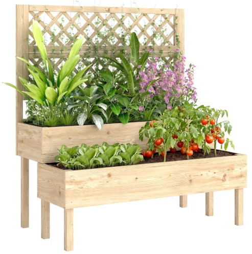 Outsunny Hochbeet mit Rankgitter 2-stufig Blumenkasten 108x62x120 cm | Erhöhter, Mit 2 Pflanzkästen, Vliesstoff, Holz Pflanzkasten, Pflanzkübel, Blumenkübel, Rankkasten für Kletterpflanzen