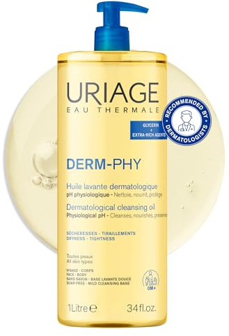 Uriage Derm-Phy - Olio da doccia da 1 l, detergente per viso, corpo, pelli secche, sensibili, pulisce, nutre, previene l'essiccazione, 25% glicerina, agenti extra ricchi, pH fisiologico, senza sapone