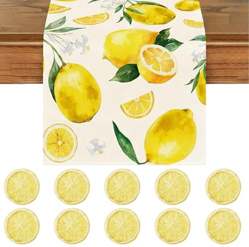 11 Stück Zitronen Deko Set - Tischläufer Zitrone (183x33 cm) und 10 Künstliche Zitronenscheiben, Stoff Tischband für Sommer Deko Tisch, Küche und Fotografie Requisiten