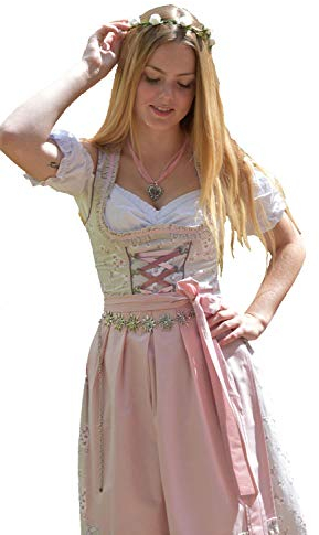 Golden Trachten-Kleid Dirndl Damen 3 TLG, Midi für Oktoberfest, mit Schürze und Bluse, 502GT (38),Grau