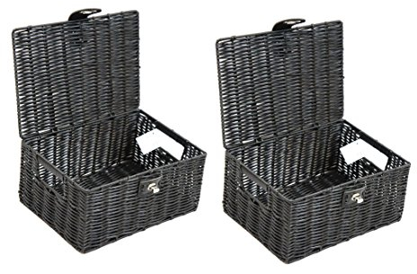 2 x Arpan Resin Woven Storage Hamper Basket Box With Lid & Lock (Black - Small)