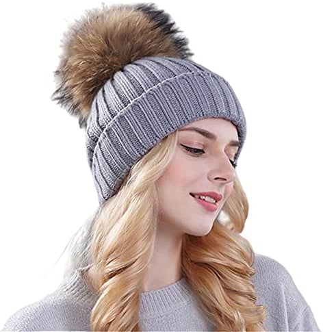 feifanshop Damen Echtfell Waschbär Fell Pelz Bommel Strick Mütze Winter-Mütze Bommelmütze
