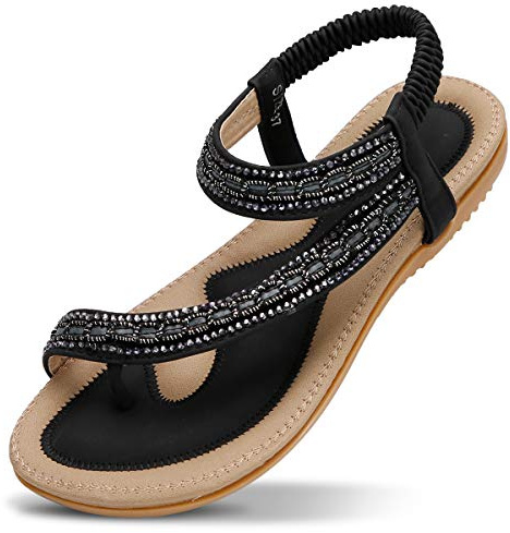 ZOEREA Sandales Plates Femme Mode Été Bohème Strass Fleurs Cuir PU Tongs Peep Toe Confortables Femmes Chaussures pour Plage Vacances Style 3 Noir,39 EU