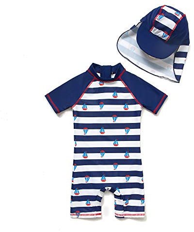 BONVERANO Bañador de una Pieza para bebé recién Nacido, Mangas largas, protección UV 50+, bañador con Cremallera(Azul-velero,18-24meses