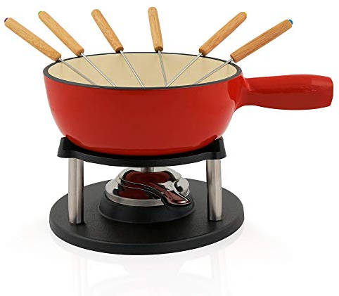 BBQ-Toro Gusseisen Fondue Set für 6 Personen | 2 Liter | Fondueset 9 teilig mit Brenner und Gabeln | Fondue-Set, Käsefondue Set, Fleischfondue Set, Schokofondue Set (rot/Creme emailliert)