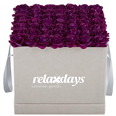 Relaxdays Rosenbox eckig, 49 Rosen, stabile Flowerbox grau, 10 Jahre haltbar, Geschenkidee, dekorative Blumenbox, lila