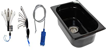 Edelstahl Spülbecken Camping Spüle Waschbecken Dunkel 265x160x100 mm + Barwig Wasserhahn schwarz/chrom + 12v Tauchpumpe (ad-ideen)