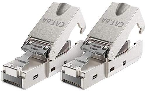 deleyCON 2x CAT 6a Werkzeugloser RJ45 Netzwerkstecker mit LSA Anschluss für Starre Verlegekabel Geschirmt 10 Gbit/s LAN Kabel Netzwerkkabel Stecker CAT6a Metallgehäuse