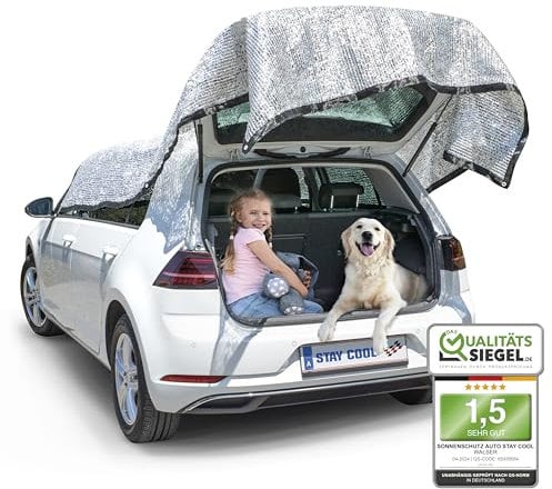 WALSER Premium Schattennetz Auto Hund Stay Cool, Qualitätssieger Sehr Gut* Sonnenschutz 4x6m Sonnenschutzfolie mit UV-Schutz, Hitzeschutz Auto, Sonnenschutz Camping Sonnensegel mit Ösen