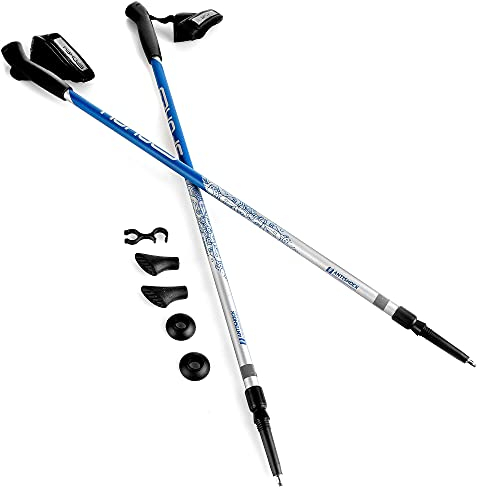 Spokey Meadow klappbare Wanderstöcke, faltbar, verstellbar 105-135 cm, Nordic Walking Stöcke Damen und Herren mit AntiShock Stoßdämpfungssystem (Silber-Blau)