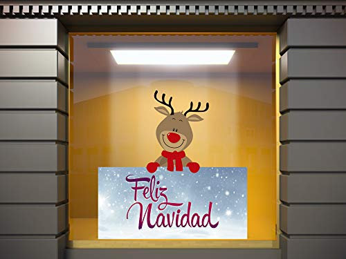 Vinilo Escaparate Feliz Navidad Ciervo 100x100cm | Pegatina Adhesiva para Decoración | Navidad | Decoración de Escaparate Navideño | Vinilo Resistente y Duradero
