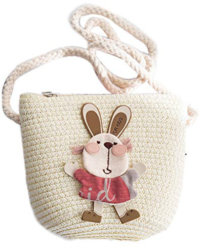 BSTCAR Stroh Tasche Mädchen, Strohtasche Handtasche Umhängetasche Cartoon Hasen Kaninchen Mini Strandtasche Stroh Geschenk Kinder