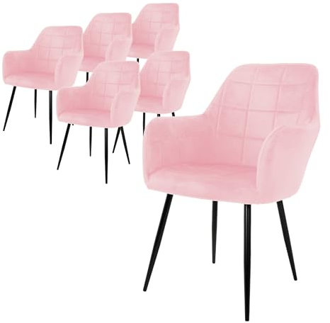 ECD Germany 6er Set Esszimmerstühle mit Rücken- und Armlehnen, Rosa, Küchenstühle mit Samtbezug, Polsterstühle mit Metallbeinen, Ergonomische Stühle für Esstisch, Wohnzimmerstühle Esszimmerstuhl
