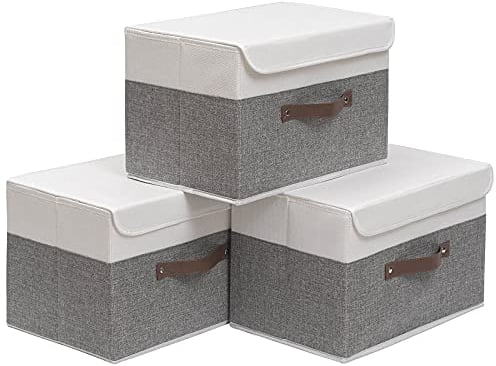 OUTBROS Large Linen Fabric Storage Box, Collapsible Wardrobe Organiser, Cube Containers with lid For Towels, Clothes, 15 x 9.8 x 9.8 inch (White/Grey, 3-Pack)
