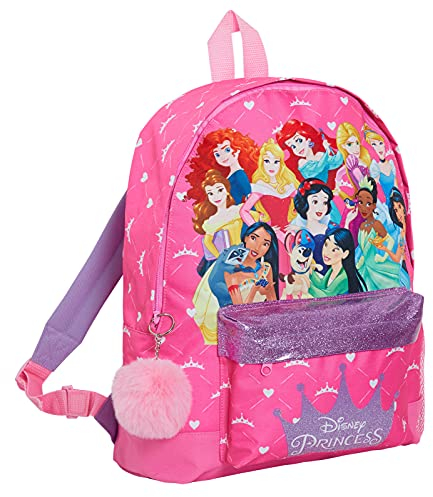 Disney Sac à dos princesse avec toutes les princesses officielles pour filles, grand sac à dos d'école rose pailleté, rose, taille unique