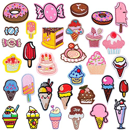 Zayookey 32 Stück Patches zum Aufbügeln Applikation Buegelbilder Bestickte Patches Sticker Krapfen Gestickte Aufnäher für Jacken Hut Kleidung Dekoration DIY Bekleidung zubehör (Dessert Patch)