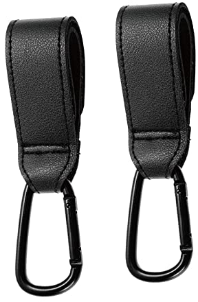 TSHAOUN Buggy-Clips aus schwarzem Leder, 2 Stück, robuste Kinderwagen-Haken, Clips, Babytaschenclips, Kinderwagen-Haken für Mama-Wickeltasche, Kinderwagen, Einkaufen, Lebensmittel, Rucksack (schwarz)