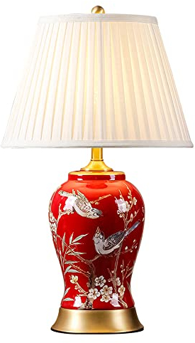 FAZRPIP Rot glasierte Schlafzimmer-Nachttischlampe Jingdezhen aus Porzellan Tischlampe Chinesische Tischleuchte Vase Schlafzimmer Schreibtischlampe für Wohnzimmer Ecksofa Büro Nachtlampe