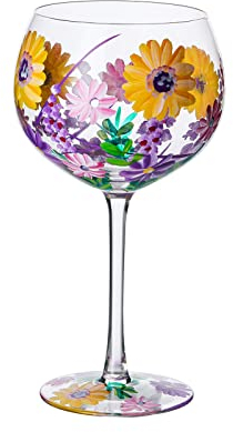 EVEREST GLOBAL Hand Painted Yellow Flower Glass Goblet 20.45 oz Red or White Wine Glasses for Parties, Date Nights, Classic Durable Stemware