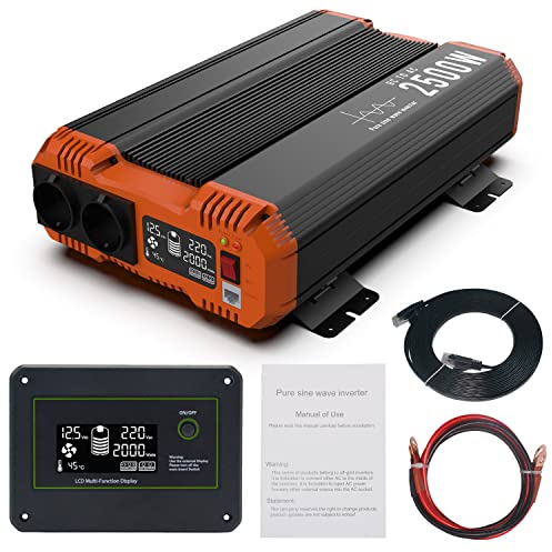 Wechselrichter 24v auf 230v Reiner Sinus 2500W Spannungswandler mit LCD-Bildschirm, Kabelgebundene Fernsteuerung, 2 EU-Steckern, 2 Lüfter für Auto/Wohnwagen/Haus