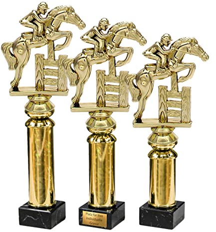 eberin · Springreiten Pokal mit Gravur/Wunschtext · Pferdesport Cup · Springreiter mit Pferd auf Goldsäule/Marmor · Reitsport Pokal in 3 Größen erhältlich · (29,4 cm)