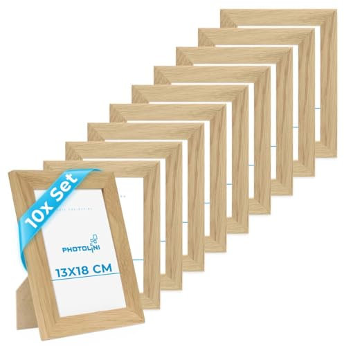 PHOTOLINI Bilderrahmen 13x18 Holz Eiche, 10er Set breite Bilderrahmen 18x13, Fotorahmen 13 x 18 Holz mit Acrylglas, Picture Frame 18x13 zum Aufhängen & Aufstellen, Bilder Rahmen 13x18 für Fotos
