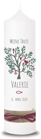 VILLA ROSA LOTTA - Personalisierbare Taufkerze Valerie mit Wunschdaten und Rückseite I Lebensbaum Motiv I 25 cm x 7 cm I Taufkerzen für Jungen und Mädchen I Farbe elfenbein weiß