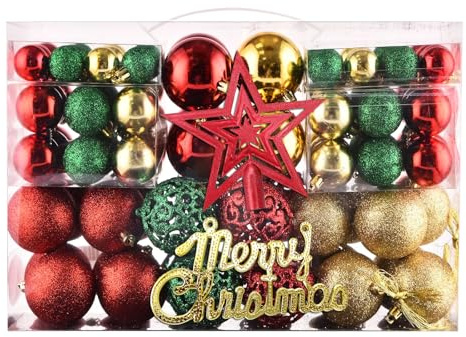 102-Piece Christmas Baubles Set – Red, Gold & Green Tree Ornaments with Treetop Star & Merry Christmas Sign – Shatterproof Hanging Ball Decorations for Xmas Trees, Home, Parties & Holiday Décor
